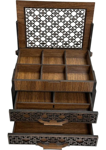Bir Lazer Dekoratif 3 Çekmeceli Takı Bijuteri Mücevher Kutusu Organizer Düzenleyici Ahşap 14 x 20 x 11 cm indirimleri