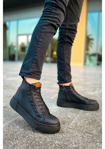 SHO167 Bağcıklı Yüksek Taban Gst Blazer Erkek Spor Bot Sıyah/sıyah