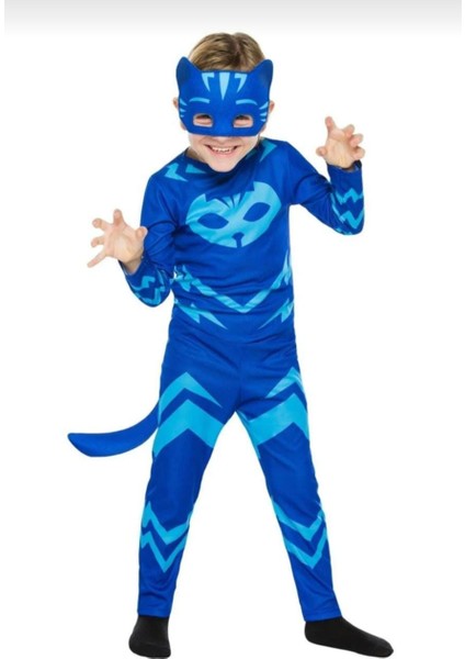 Pija Maskeliler Kedi Çocuk Mavi Maskeli Pelerinli Kostüm Pj Mask Doğum Günü Kostümü