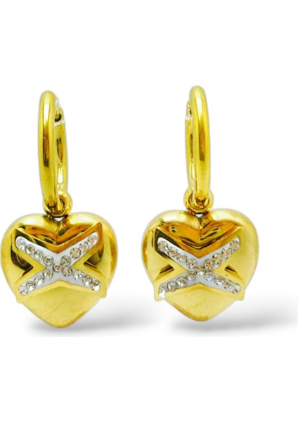 Kalp x Taşlı Çelik Küpe