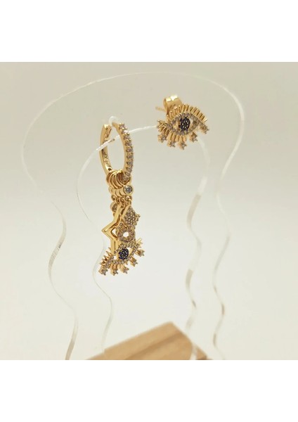 Boncuklu Charm Gold Çelik Küpe Seti