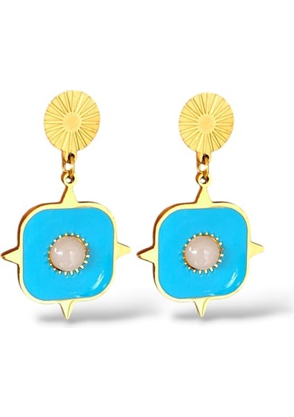 Turkuaz Mineli Ay Taşı Çelik Küpe