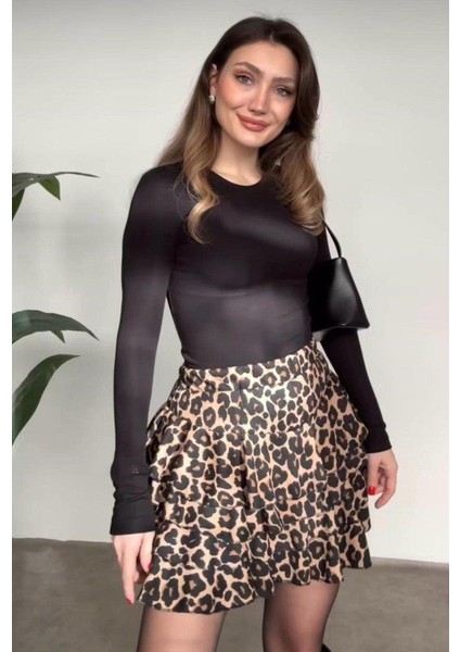 Kadın Bürümcük Kumaş Fırfırlı Leopar Desenli Etek