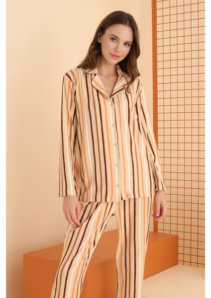 Hardal Çizgli Önden Düğmeli Pijama Takımı modelleri