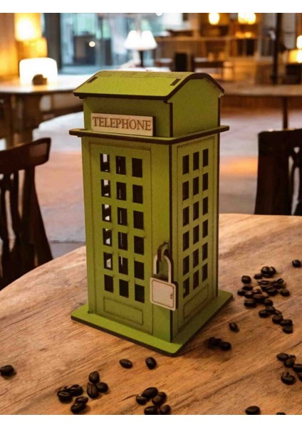 Ahşap Telefon Kulübesi Kumbara Yeşil Renk