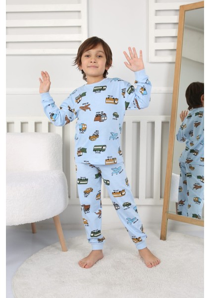Taşıtlar Baskılı Pamuk Uzun Kollu Erkek Mavi Pijama Takımı (3,4,5,6,7,8 Yaş)