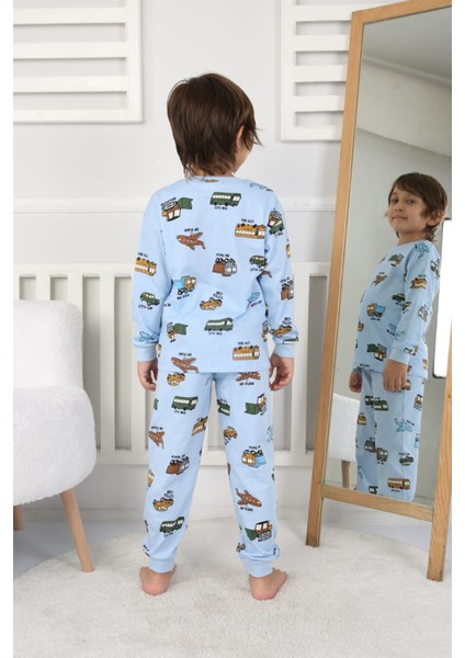 Taşıtlar Baskılı Pamuk Uzun Kollu Erkek Mavi Pijama Takımı (3,4,5,6,7,8 Yaş)