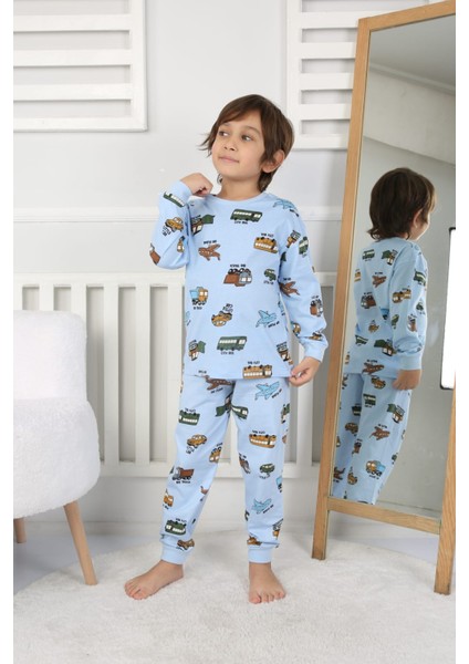 Taşıtlar Baskılı Pamuk Uzun Kollu Erkek Mavi Pijama Takımı (3,4,5,6,7,8 Yaş)