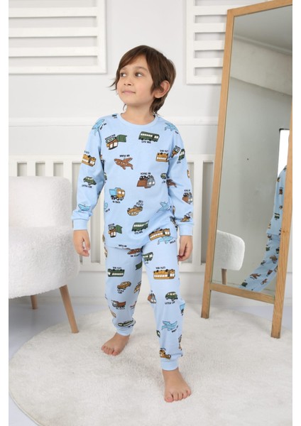 Taşıtlar Baskılı Pamuk Uzun Kollu Erkek Mavi Pijama Takımı (3,4,5,6,7,8 Yaş)