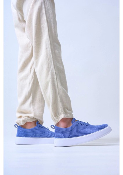 SHO173 Bağcıklı Yüksek Taban Fitilli Kbt Velluto Erkek Ayakkabı Mavı