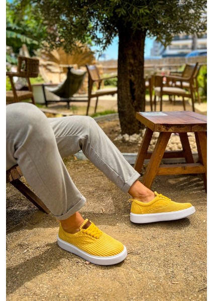SHO173 Bağcıklı Yüksek Taban Fitilli Kbt Velluto Erkek Ayakkabı Sarı