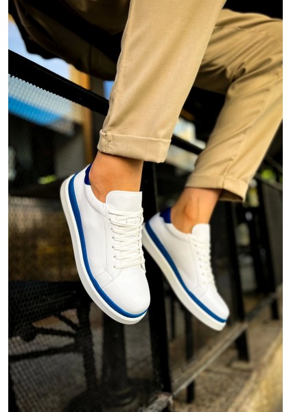 SHO979 Bağcıklı Rahat Taban Santoni Gbt Spor Erkek Ayakkabı Beyaz/mavı