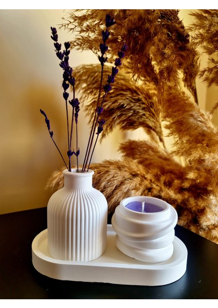 Mor Beton Mum ve Vazolu Set (3 Parça Set)