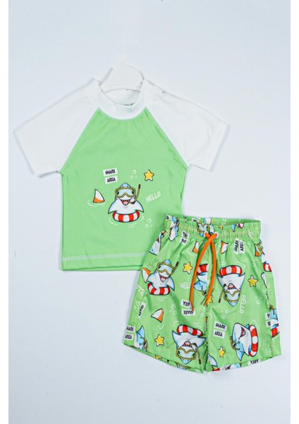 Trend Yeni Sezon Shark Area Baskılı Iki Parça Dalgıç Kumaş -Uv Korumalı- Şortlu-Erkek Mayo
