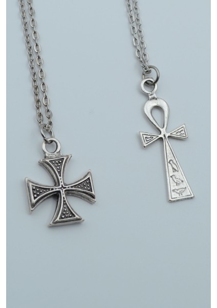 2'liSembollü Ankh Anahtarı Nil’in Anahtarı Haç Gümüş Kaplama Kolye Seti