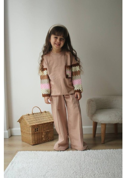 Kız Çocuk Iki Iplik Kumaş Örgü Detaylı Alt-Üst Takım