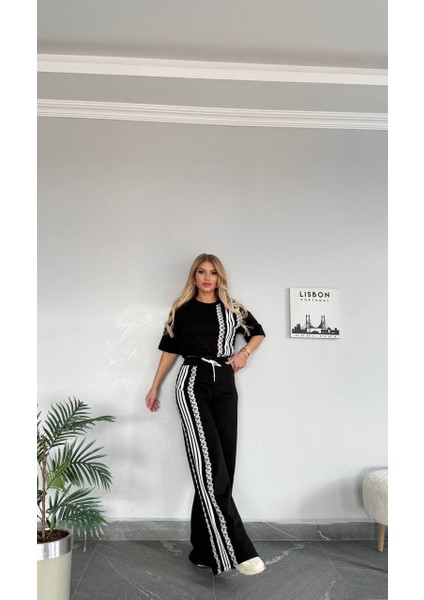 Kadın Yeni Sezon Geniş Paça Desenli Alt Üst Takım