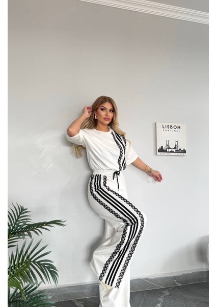 Kadın Yeni Sezon Geniş Paça Desenli Alt Üst Takım