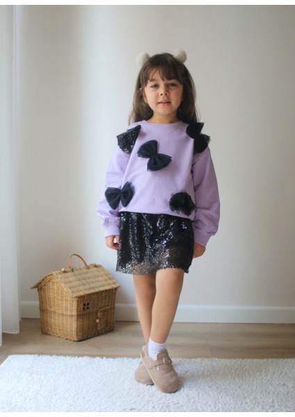 Kız Çocuk Pullu Etekli Fiyonklu Alt-Üst Takım