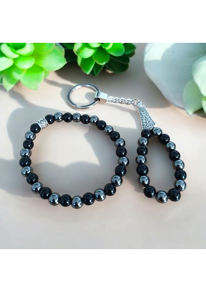 Hematit Oniks Bileklik - Oniks Hematit Anahtarlık 2 Adet - Hediye Seti