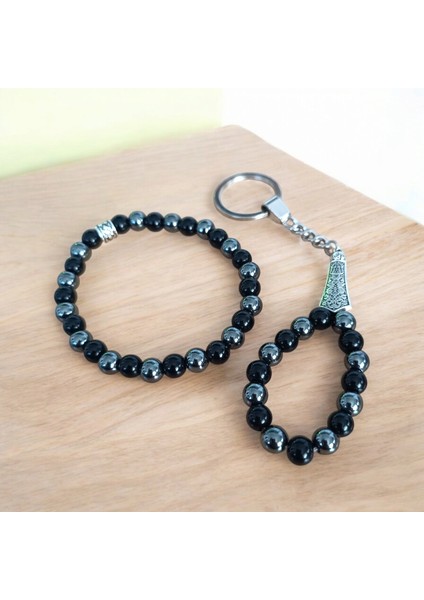 Hematit Oniks Bileklik - Oniks Hematit Anahtarlık 2 Adet - Hediye Seti modelleri