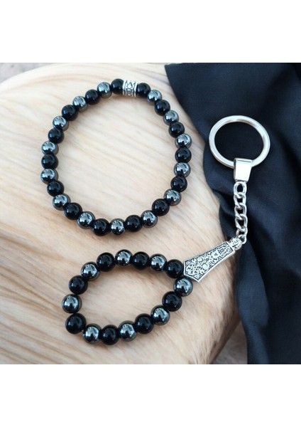 Hematit Oniks Bileklik - Oniks Hematit Anahtarlık 2 Adet - Hediye Seti fırsatları