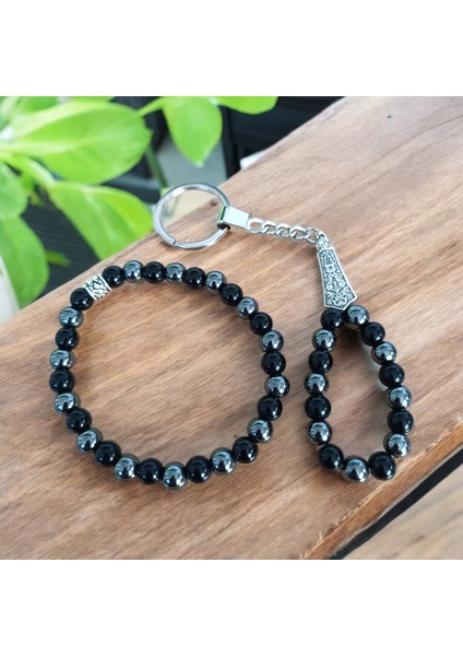 Hematit Oniks Bileklik - Oniks Hematit Anahtarlık 2 Adet - Hediye Seti indirimleri