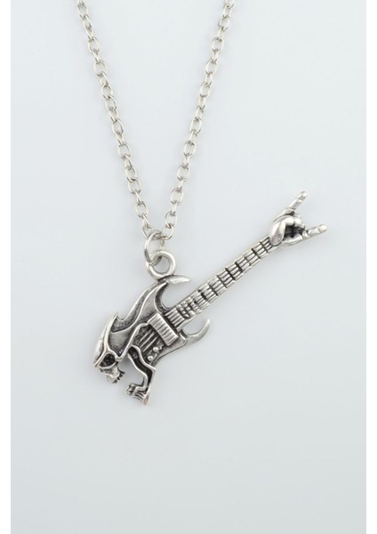 Kuru Kafa Elektro Gitar Zincir Kolye - Gümüş Kaplama - Erkek Kadın Kolye - Kod:465