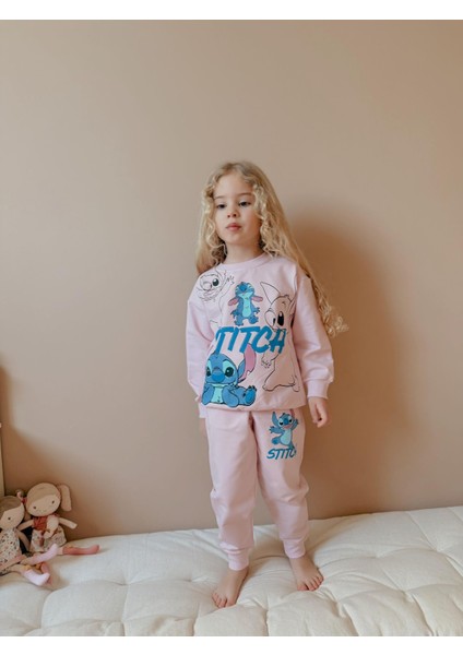 Kız Çocuk Pembe Renk Popüler Karakter Baskılı Sweatshırt Alt Üst Takım