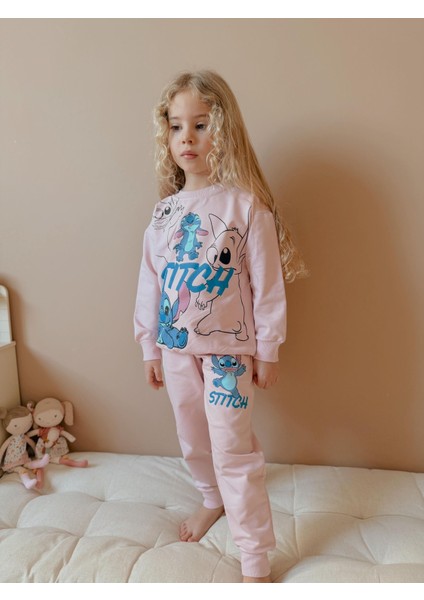 Kız Çocuk Pembe Renk Popüler Karakter Baskılı Sweatshırt Alt Üst Takım