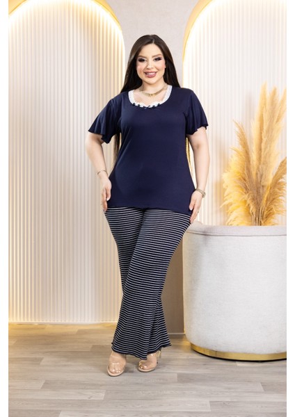 Bambu Çizgili Pijama - X4 Dantel Yaka Detaylı Likralı Takım