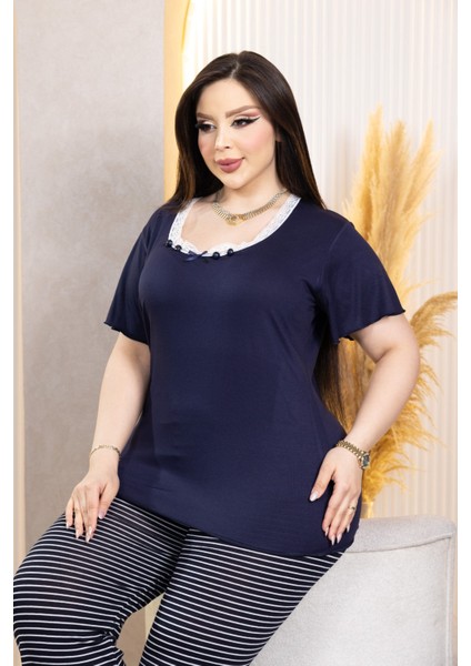 Bambu Çizgili Pijama - X4 Dantel Yaka Detaylı Likralı Takım