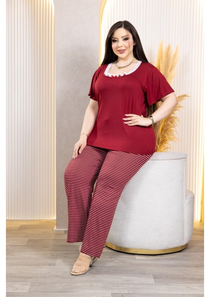Bambu Çizgili Pijama - X4 Dantel Yaka Detaylı Likralı Takım