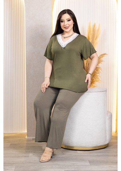 Bambu Çizgili Pijama - X4 Dantel Yaka Detaylı Likralı Takım