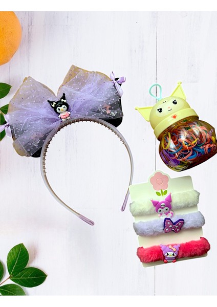 3'lü Set Kız Çocuk Aksesuar Popüler Peluş Lastik Toka&taç&renkli Saç Örgü Lastik Toka Takım
