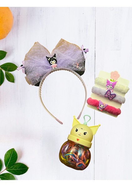3'lü Set Kız Çocuk Aksesuar Popüler Peluş Lastik Toka&taç&renkli Saç Örgü Lastik Toka Takım
