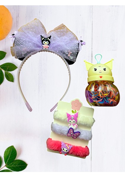 3'lü Set Kız Çocuk Aksesuar Popüler Peluş Lastik Toka&taç&renkli Saç Örgü Lastik Toka Takım