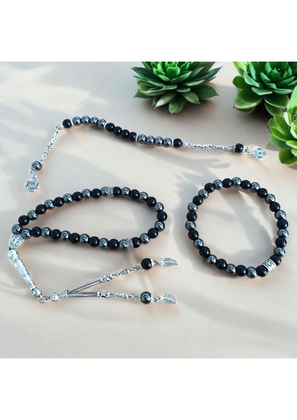 Doğal Taş Bileklik - Doğal Taş Tesbih -Zaza Tesbih - Hematit Oniks Taşı Seti 3 Lü Set