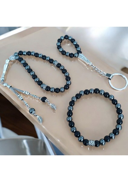 Hematit Taşı Oniks Doğal Taş Bileklik - Doğal Taş Tesbih - Doğal Taş Anahtarlık - 3 Adet Doğal Taş