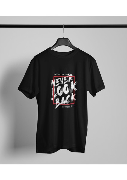 Never Look Back Baskılı-Oversıze-Bisiklet Yakalı Tişört