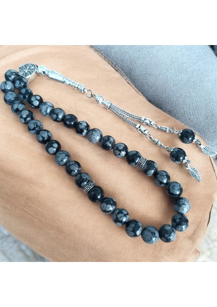 Karlı Obsidyen Taşı Tesbih 33'lük Tesbih Doğal Taş Tesbih Sertifikalı Özel Mdf Kutu 10 mm Büyük Taneli