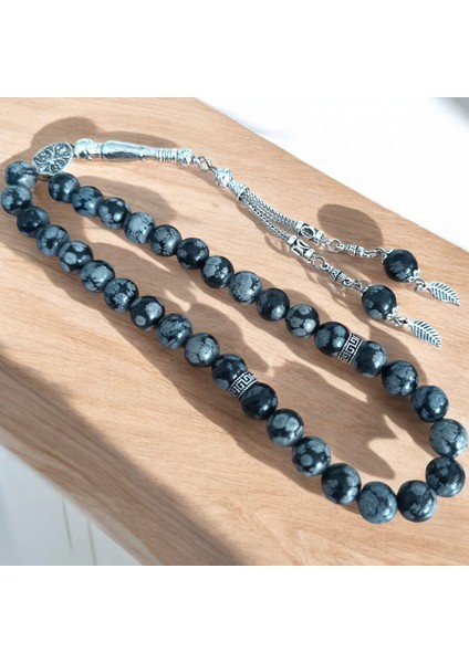 Karlı Obsidyen Taşı Tesbih 33'lük Tesbih Doğal Taş Tesbih Sertifikalı Özel Mdf Kutu 10 mm Büyük Taneli modelleri