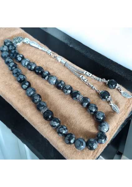 Karlı Obsidyen Taşı Tesbih 33'lük Tesbih Doğal Taş Tesbih Sertifikalı Özel Mdf Kutu 10 mm Büyük Taneli indirimleri