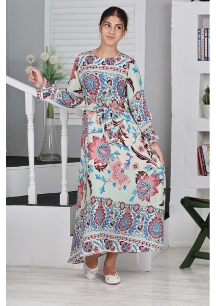 Çocuk Viskon Kumaş Desenli Uzun ELBISE-ELB-0019
