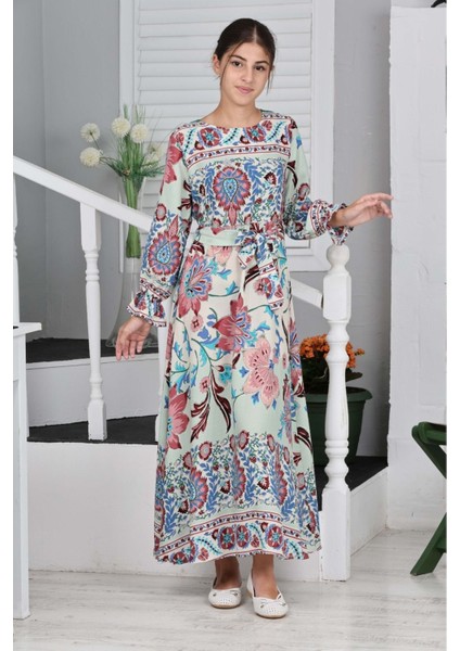 Çocuk Viskon Kumaş Desenli Uzun ELBISE-ELB-0019 fırsatları