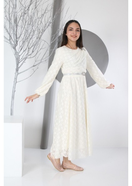 Çocuk Astarlı Uzun Güpür Desenli ELBISE-ELB-0014