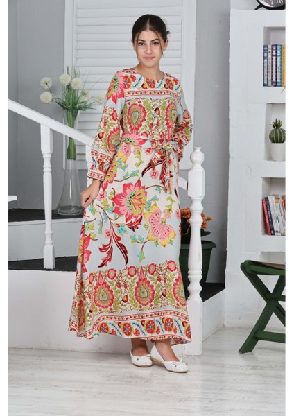 Çocuk Viskon Kumaş Desenli Uzun ELBISE-ELB-0019 modelleri