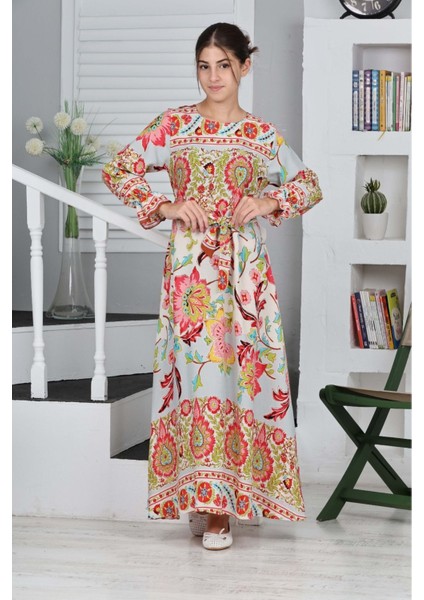 Çocuk Viskon Kumaş Desenli Uzun ELBISE-ELB-0019 fırsatları