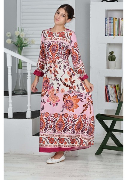 Çocuk Viskon Kumaş Desenli Uzun ELBISE-ELB-0019