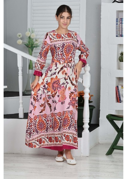 Çocuk Viskon Kumaş Desenli Uzun ELBISE-ELB-0019